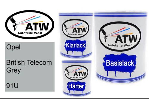 Opel, British Telecom Grey, 91U: 1L Lackdose + 1L Klarlack + 500ml Härter - Set, von ATW Autoteile West.